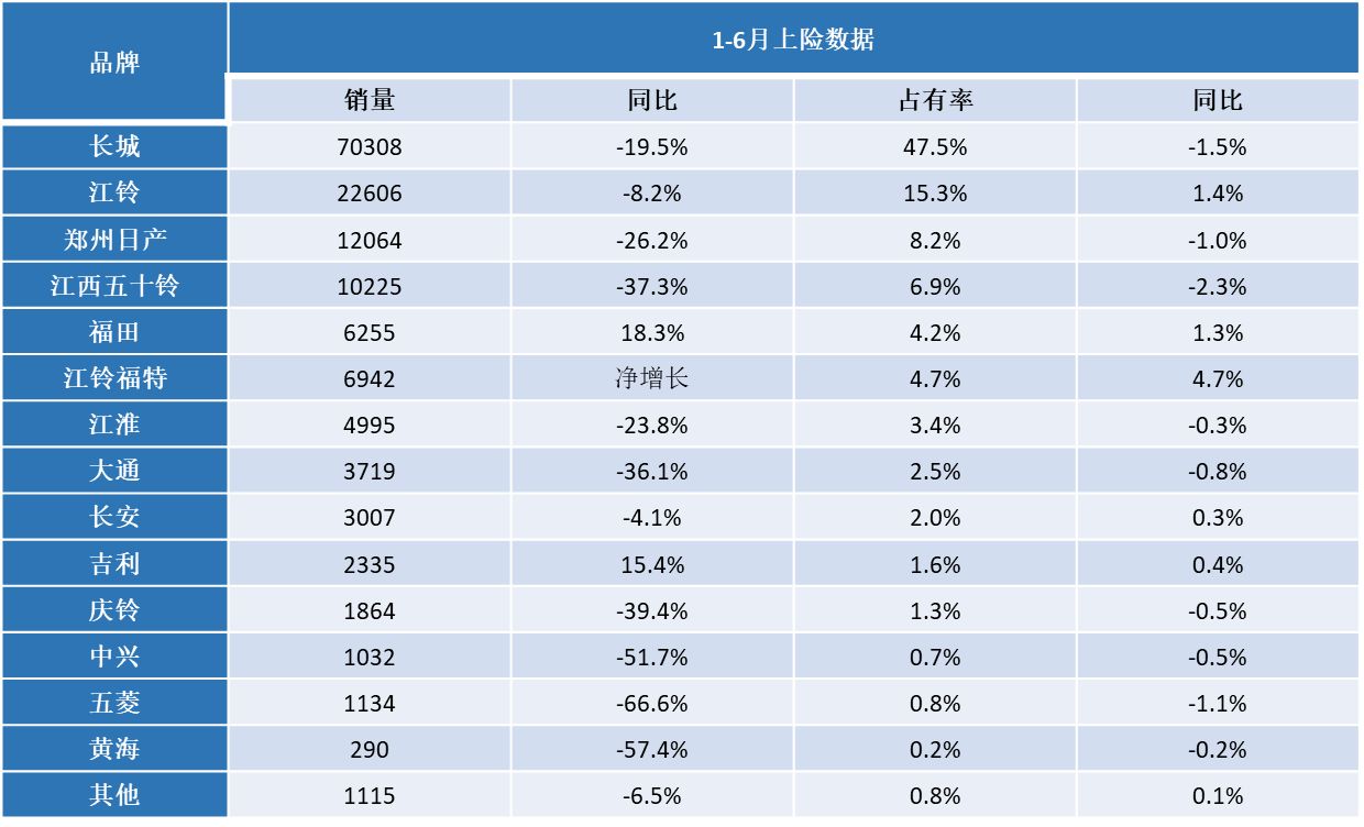 全尺寸火星皮卡上半年同比销量逆势大增，同比增长行业第一